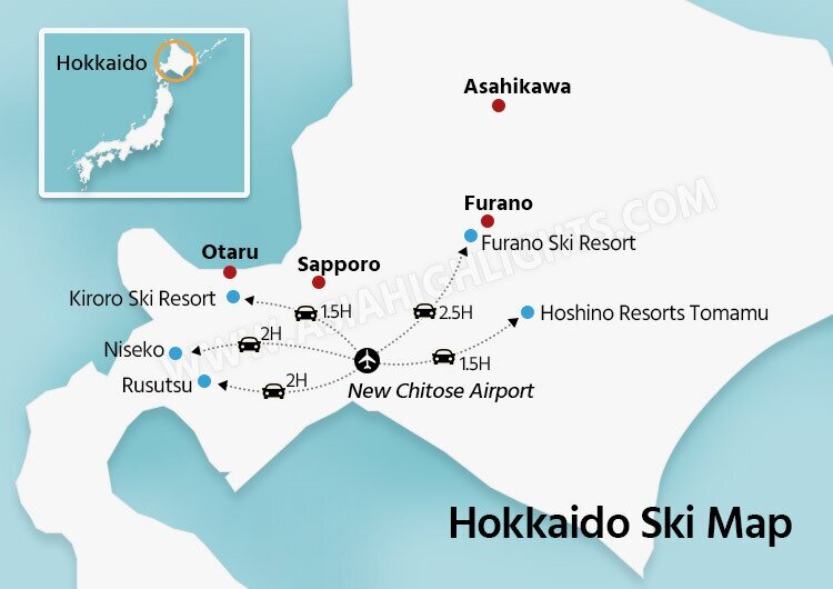 Japan Ski Map with Cities and The Best Ski Resorts: